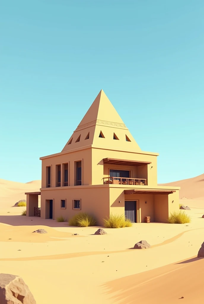 Simple and easily to draw pyramid Egyptian structure two story Restaurant exterior 
