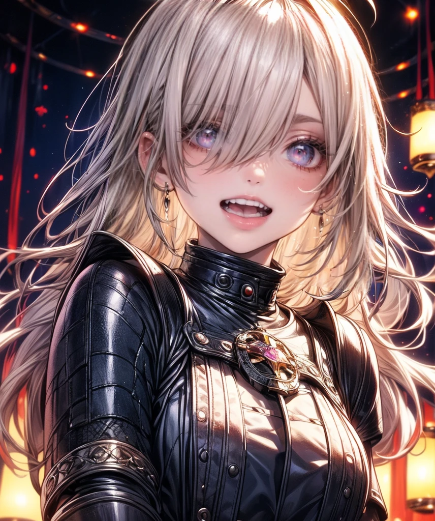 Medieval female knights, Wearing black Victorian armor, full silver, Exquisite Gauntlet Armor, Intricate details, Global Illumination, Shadow, Character edge light, dramatic, Cinema Lighting, Detailed Expression, Finer details,Ahoge, ((Long Hair:1.2)), (Hair above one eye:1.3), [[Messy Hair]], Shiny blonde white hair, Purple eyes, Variegated eyes, Colorful Hair, Shining Eyes, (eyelash, eye shadow, pink eye shadow), bright, smile,