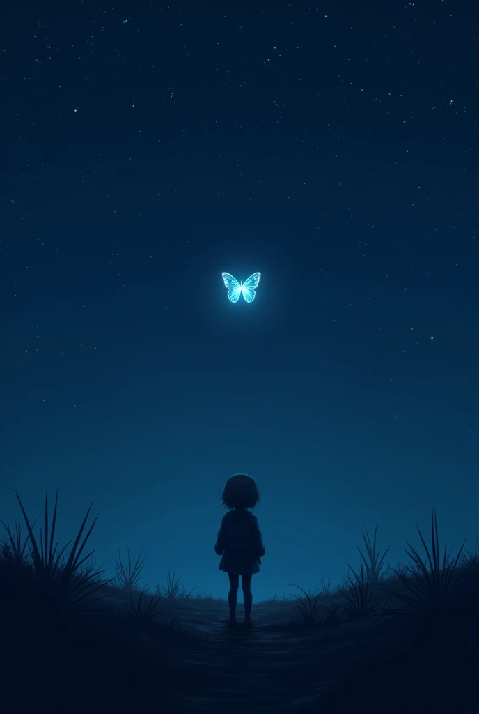 He looking for butterfly 🦋 and Sky is Blue with stars and There is totally dark just A small shine from butterfly 🦋