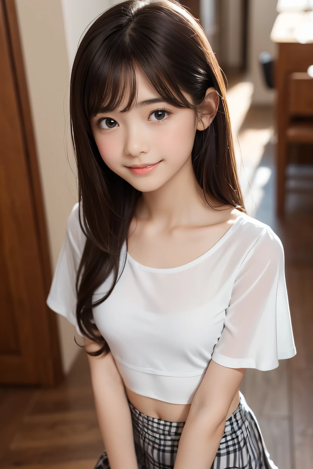 ((sfw: 1.4)), ((detailed face, professional photography)), ((sfw, (from front) , bed room , indoor, 1 Girl)), Ultra High Resolution, (Realistic: 1.4), RAW Photo, Best Quality, (Photorealistic Stick), Focus, Soft Light, (()), ((Japanese)), (( (young face))), (surface), (depth of field), masterpiece, (realistic), woman, bangs, ((1 girl))