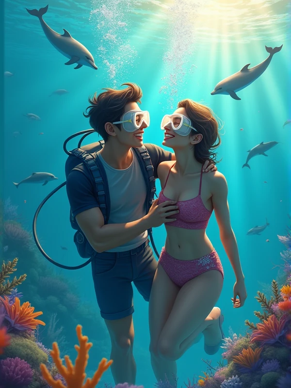 Underwater scene: Male diver assists female diver's ascent, hands on her waist. Both are smiling widely, visible through masks. Sunlight streams from above, illuminating their figures. Ocean backdrop with colorful fish and coral. Dolphins visible in distance. Captures joy, trust, and shared adventure in a vibrant marine setting.
