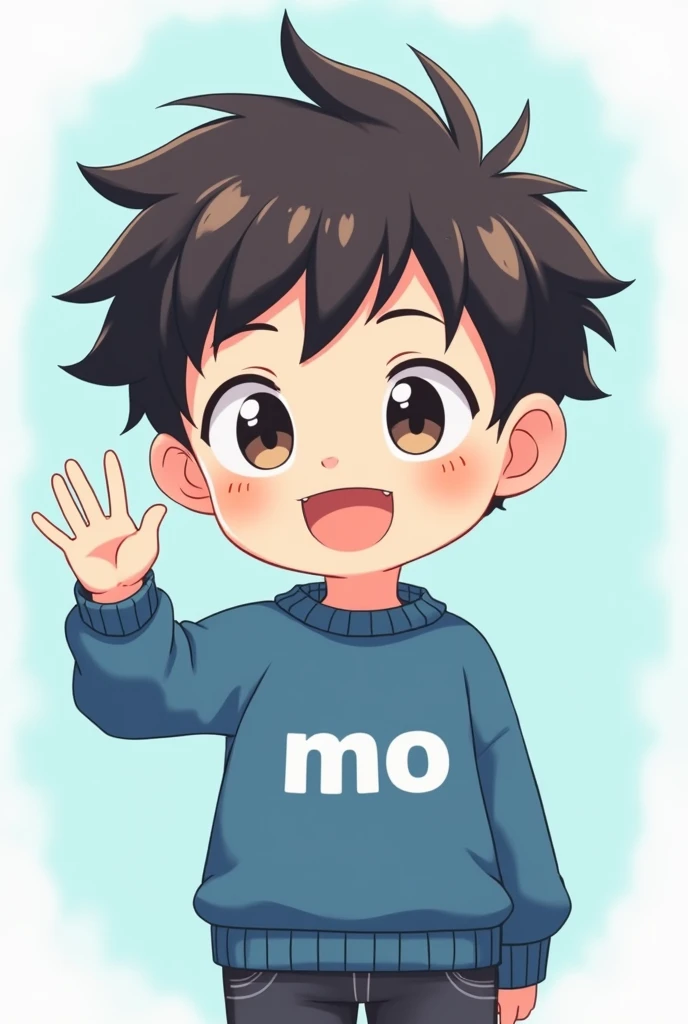 Make me a little anime boy with a blue sweater with white MO written on it and background should be light blue he should smile and wave