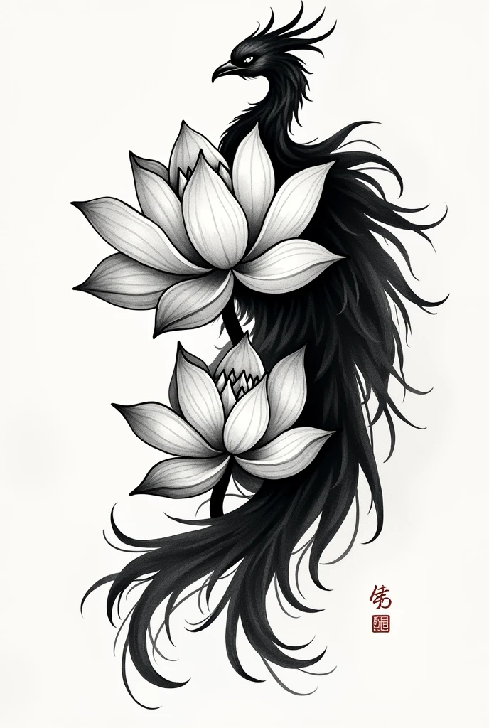 Lotus flower tattoo in black made as if it were a brush and with a phoenix next to it as if it were a brush