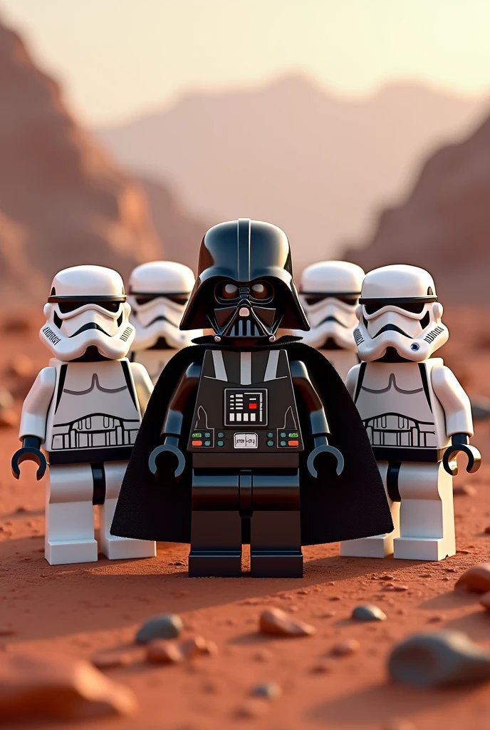 Photorealism 1.4 realistic realism high detailed definition Lego minifig 4 stormtrooper background at mars with Darth Vader at centre photo group