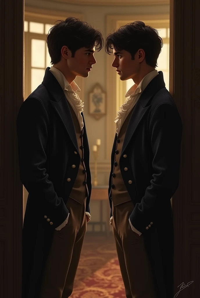 Two twin brothers with black hair and eyes, talking in a room, one next to the window and the other next to the door. Both dressed in 1824 in an informal and evening outfit