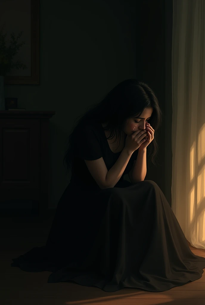 The women along siting in a dark room and his crying background like a dark room with some warm Yellow light his waring a black dress