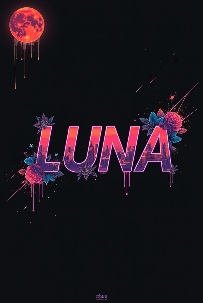 High resolution, red moon that bleeds, logo spelling swiftly “Luna” cool, Jdm theme, anime theme, Cyberpunk vibe name spelling, brand logo, logo for tshirt, brand logo “LUNA”, neon vibes, acid trip vibes, acid trip, shooting stars, acid trip inside “LUNA”, acid trip, hallucinations inside “LUNA”, Waves of hallucinations, splash, waves of futuristic hallucinations, red moon hallucinations, stars in the background, roses inside “LUNA”, purple, red city,