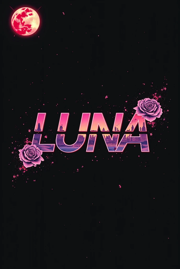 High resolution, red moon that bleeds, logo spelling swiftly “Luna” cool, Jdm theme, anime theme, Cyberpunk vibe name spelling, brand logo, logo for tshirt, brand logo “LUNA”, neon vibes, acid trip vibes, acid trip, shooting stars, acid trip inside “LUNA”, acid trip, hallucinations inside “LUNA”, Waves of hallucinations, splash, waves of futuristic hallucinations, red moon hallucinations, stars in the background, roses inside “LUNA”, purple, red city,