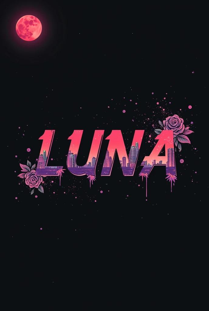 High resolution, red moon that bleeds, logo spelling swiftly “Luna” cool, Jdm theme, anime theme, Cyberpunk vibe name spelling, brand logo, logo for tshirt, brand logo “LUNA”, neon vibes, acid trip vibes, acid trip, shooting stars, acid trip inside “LUNA”, acid trip, hallucinations inside “LUNA”, Waves of hallucinations, splash, waves of futuristic hallucinations, red moon hallucinations, stars in the background, roses inside “LUNA”, purple, red city,