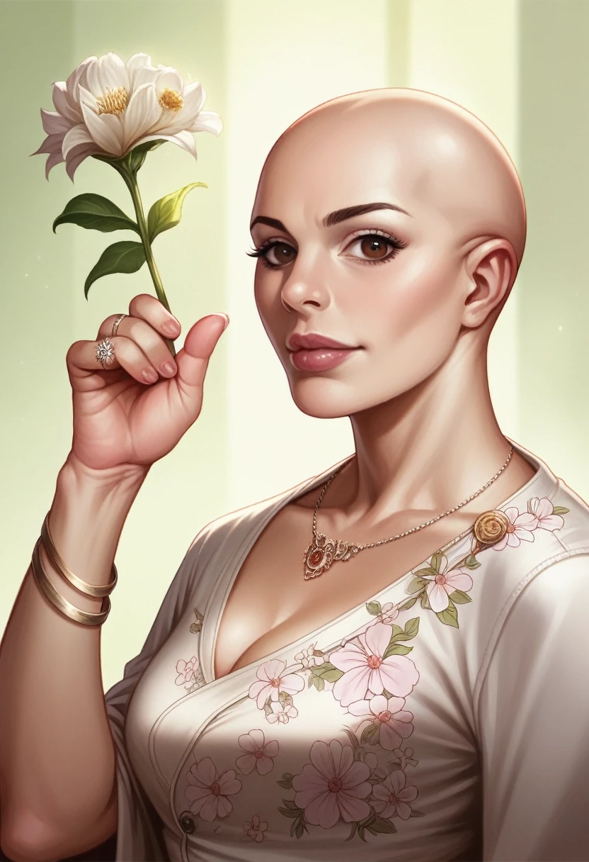 Realistic photo of a beautiful g4lg4d0t-v2 woman,  1baldgirl, solo, baldhead, looking at viewer, bald slate, brown eyes, jewelry, upper body, flower, arm up, bracelet, lips, makeup, floral print, ring, realistic, soft lighting, professional Photography, Photorealistic, detailed, RAW, analog, sharp focus, 8k, HD, DSLR, high quality, Fujifilm XT3, film grain, award winning, masterpiece
