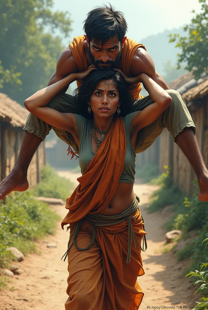 Beautiful Typical indian village ragpicker young woman carrying a large man on her head 
