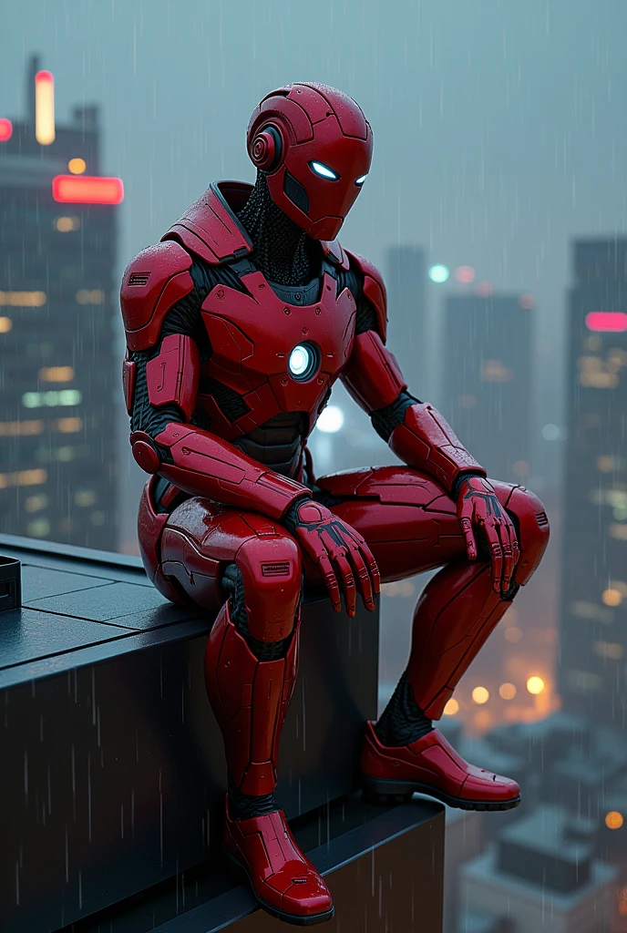 Make a ai superhero, metalic red, in the rain night light, sitting with cool attitude at top of building