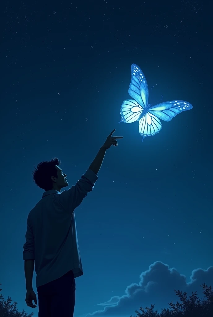 He pointing for butterfly 🦋 and Sky is Blue with stars and There is totally dark just A small shine from butterfly 🦋 and image more attractive and enhanced