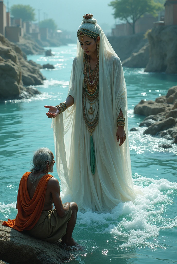 mother ganga appears inside the ganga river and she saw the old poor man


