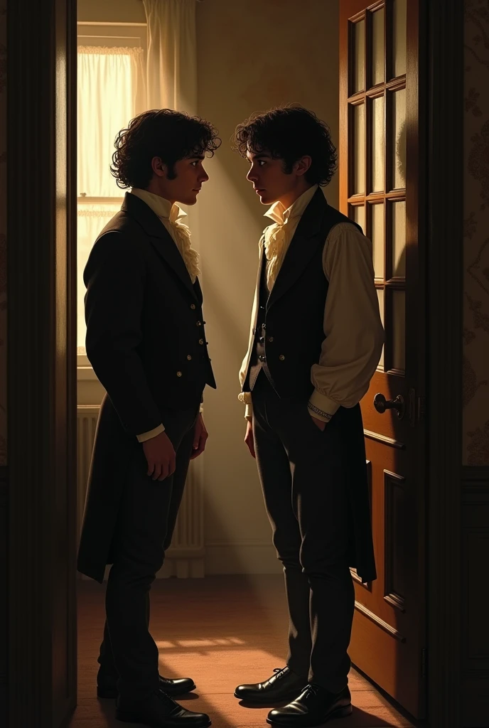 Two twin brothers with black hair and eyes, talking in a room, one next to the window and the other next to the door. Both dressed in 1824 in an informal and evening outfit