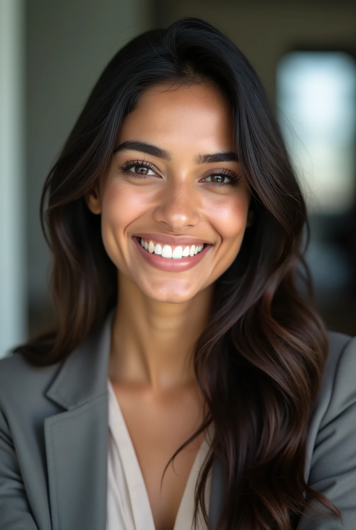 There is a young, Beautiful indian woman, who looks to the future like Katrina Kaif, Smiles into the camera, beautiful teeth, She looks into the camera, a portrait from raw photo, body, modern business color dress,