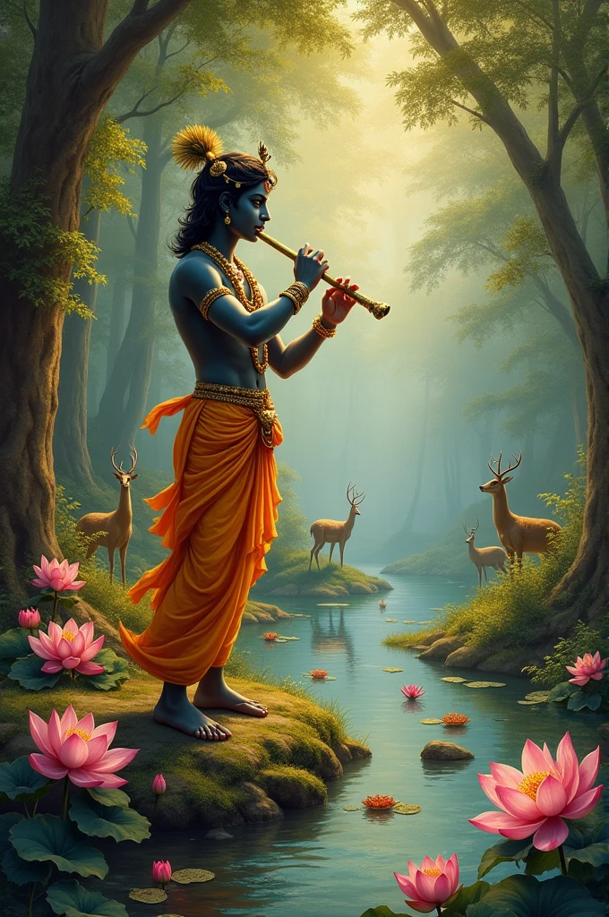 Painting style image of lord krishna playing flute near a pond full of lotus in a enchanted forest with deers ,peacocks and other animals
