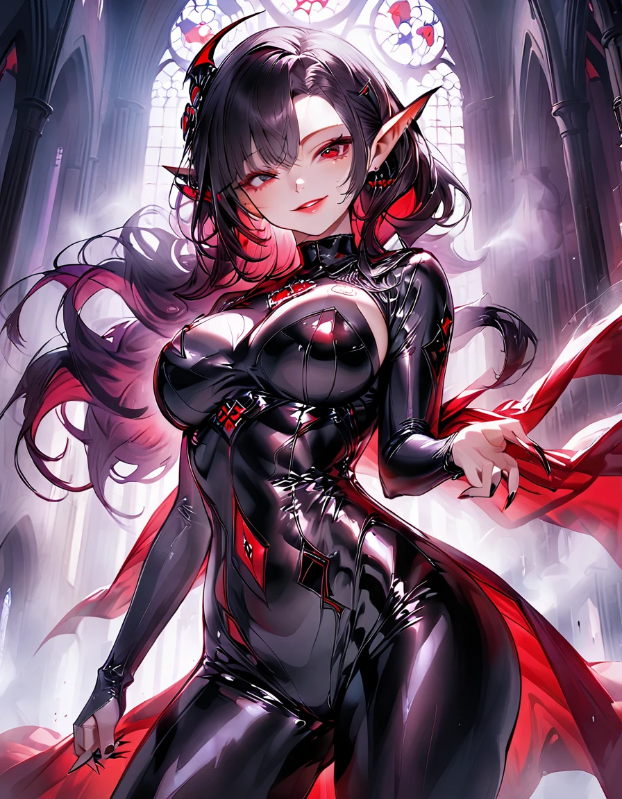 1 young beautiful woman,(Highest quality,Extremely detailed depiction,Incredibly absurd high resolution,Anatomically accurate depiction,Curvy Legs),(Shiny skin,Porcelain-like skin),(Female vampire:1.5,Shiny Black Latex,),eyelash,Sweat,(Red Eyes,Vertically drawn pupils,Crazy Eyes,Large Breasts,A seductive smile,Glossy Red Lips,Half-closed eyes:1.5),whole body,Pointy Ears,Long nails,sharp canines,background:A chapel shrouded in mysterious mist:1.5,A scene that attacks me:1.5