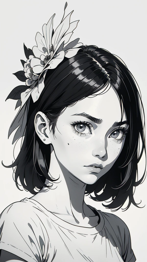 1 boyish girl, solo, sharp eyes, monochrome, greyscale, shoulder length black bangs hair, portrait, (blank white T-shirt), Thin eyebrows, closed mouth, looking at viewer, detailed lips, hatching \(texture\), without makeup, upper body, (best illustration), (best quality), (very detailed), (masterpiece), expressionless,