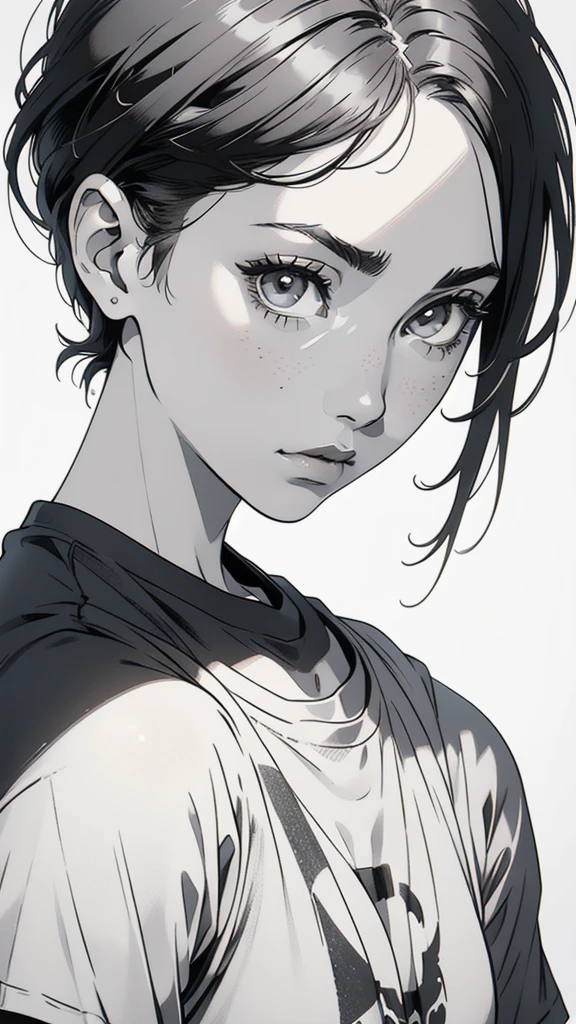 1 boyish girl, solo, sharp eyes, monochrome, greyscale, shoulder length black bangs hair, portrait, (blank white T-shirt), Thin eyebrows, closed mouth, looking at viewer, detailed lips, hatching \(texture\), without makeup, upper body, (best illustration), (best quality), (very detailed), (masterpiece), expressionless,
