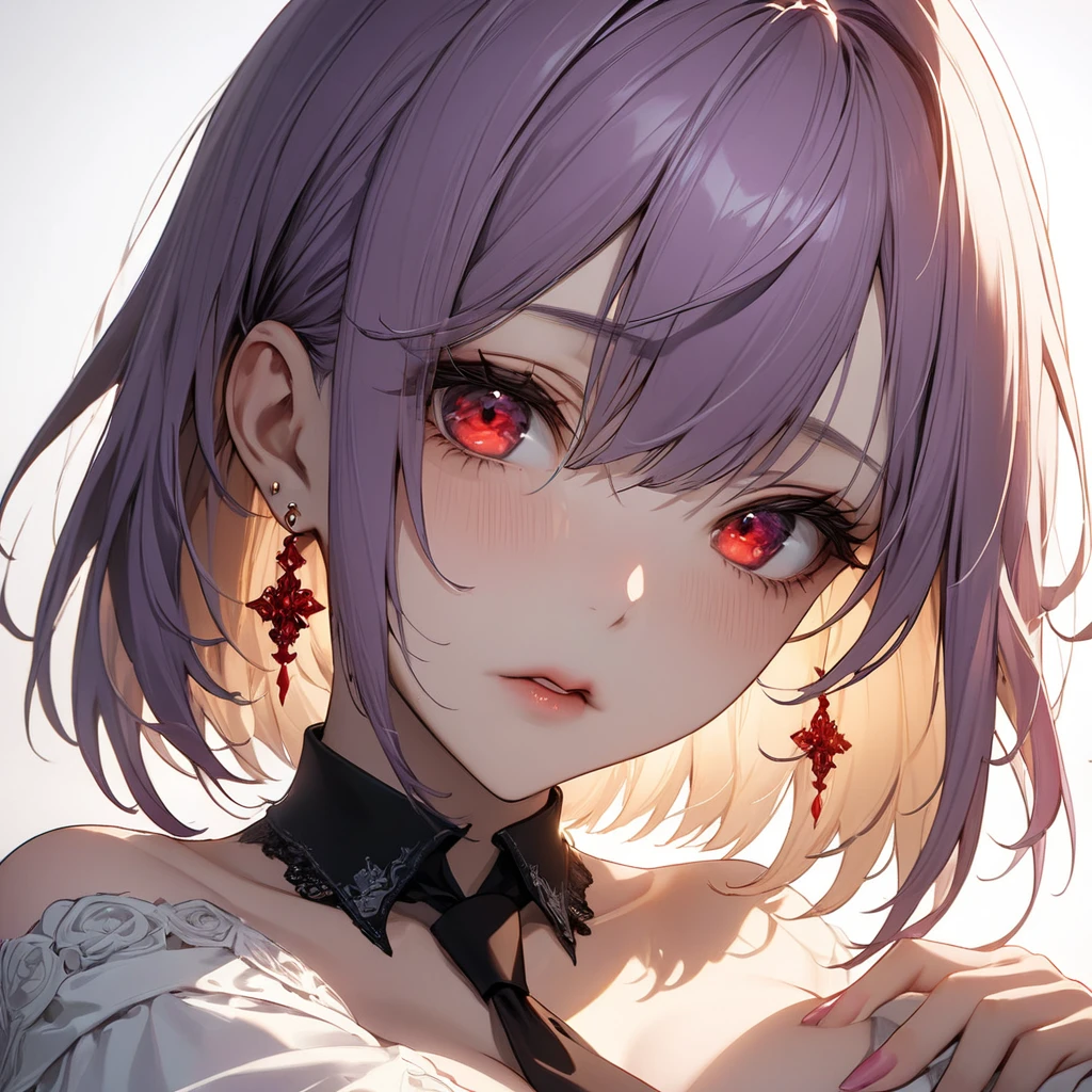 最high quality, wonderful_delicate, wonderful delicate eyes, Super detailed, beautiful, 8k , One girl, Red eyes, evil, Facial Contour,(Tabletop:1.2, 最high quality), (細かく描かれたbeautiful目: 1.2), (beautiful and detailed face), (Best lighting, 非常にdelicateでbeautiful), Round sunglasses,((Cover both eyes)), (Both eyes are hidden)、totalitarianism, Earrings, Pretty lips, beautiful, White shirt, Black tie, y, beautiful照明, Dynamic Angle, The body is bent in a dogleg shape...、Dynamic pose、high quality, 最high quality,1 girl, Purple Hair、The purplish pink eyes of a dreamer, (Blonde) , he is short, BigCinematic Light)), Dramatic Light, (Pale white background:1.5), Shooting from below、Peeking from below、Short Bob Hair(1:3)、Knit a little around the ears, clavicle,((Perfect Fingers))、Stylish coffee shop、Absolute hands、A look of mockery、Hmph,Cross your arms、Grab my arm、eye make up、compensate、最high quality、Big Breasts、8k hands)))、I have only five fingers、God's Angle、Winter jumper、 最high quality、Hyper HD、((Please match the length of the stockings))、Arafe woman in coat and hat talking on mobile phone, Stylish woman, Elegant girl in urban clothing, Posing on the city streets, beret and sunglasses, Warm colored clothes, Wear elegant clothes, wearing a French beret, Standing on the street, Woman wearing a trench coat, Modern Fashion, Purple Hair, Purple eyes,(((Purple Sunglasses)))