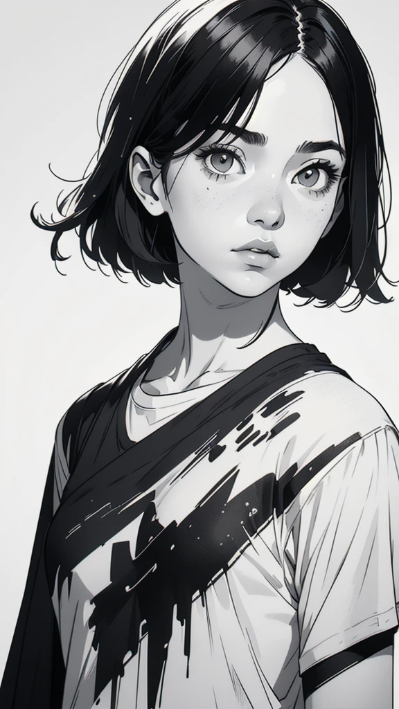 1 boyish girl, solo, sharp eyes, monochrome, greyscale, shoulder length black bangs hair, portrait, (blank white T-shirt), Thin eyebrows, closed mouth, looking at viewer, detailed lips, hatching \(texture\), without makeup, upper body, (best illustration), (best quality), (very detailed), (masterpiece), expressionless,