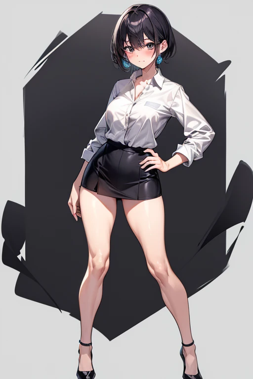 30-year-old woman、front,whole body,Shiny legs、Muscular lower body、Large calves、Big quadriceps、Mole around the mouth、Very sweaty legs、Standing on two legs、Wide Hips、??? Appeal、Exposed locality、E cup breasts、Fascinating、Bare legs、mini skirt、company employee、Not wearing pants、Black high heels、short hair、Embarrassed look、Blushed、Good anatomy、Natural standing pose