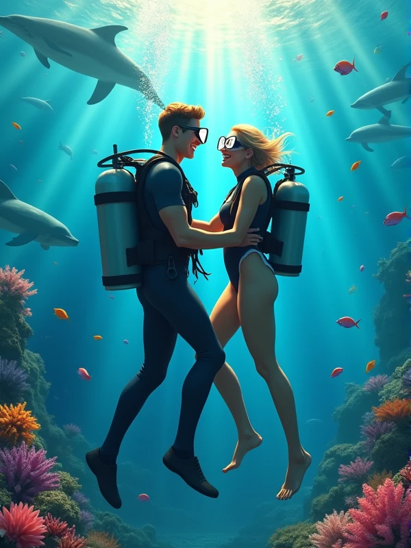 Underwater scene: Male diver assists female diver's ascent, hands on her waist. Both are smiling widely, visible through masks. Sunlight streams from above, illuminating their figures. Ocean backdrop with colorful fish and coral. Dolphins visible in distance. Captures joy, trust, and shared adventure in a vibrant marine setting.