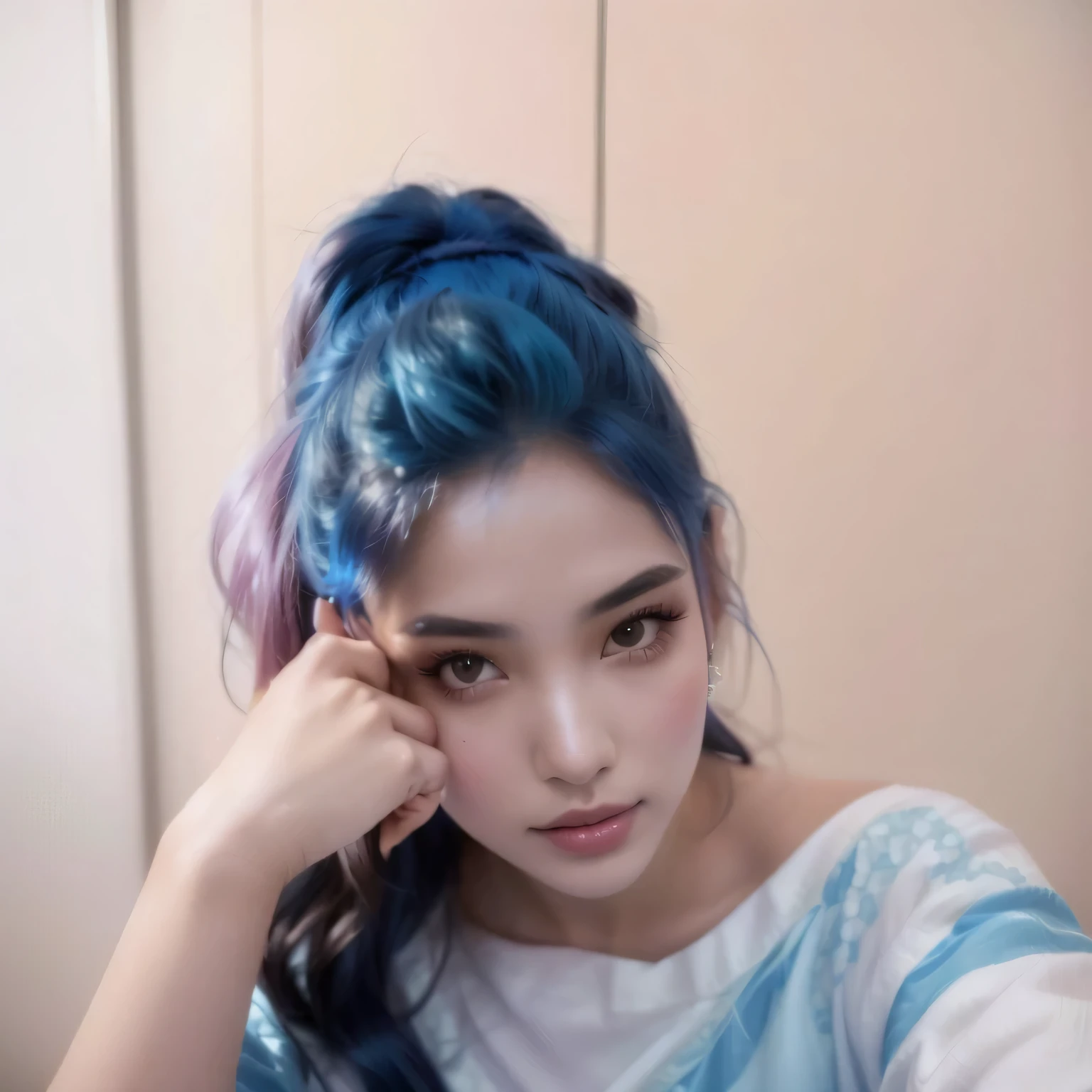 There is a woman with blue hair and a white top, indio girl with brown skin, Sexy girl with dark complexion, indio, extremely beautiful face, indio goddess, Attractive Pose, attractive girl, the drinker does it, beautiful attractive face, traditional beauty, very beautiful girl, selfie of a young woman, beautiful and attractive face, soft portrait 8k, indio super model