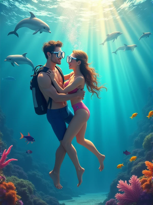 Underwater scene: Male diver assists female diver's ascent, hands on her waist. Both are smiling widely, visible through masks. Sunlight streams from above, illuminating their figures. Ocean backdrop with colorful fish and coral. Dolphins visible in distance. Captures joy, trust, and shared adventure in a vibrant marine setting.