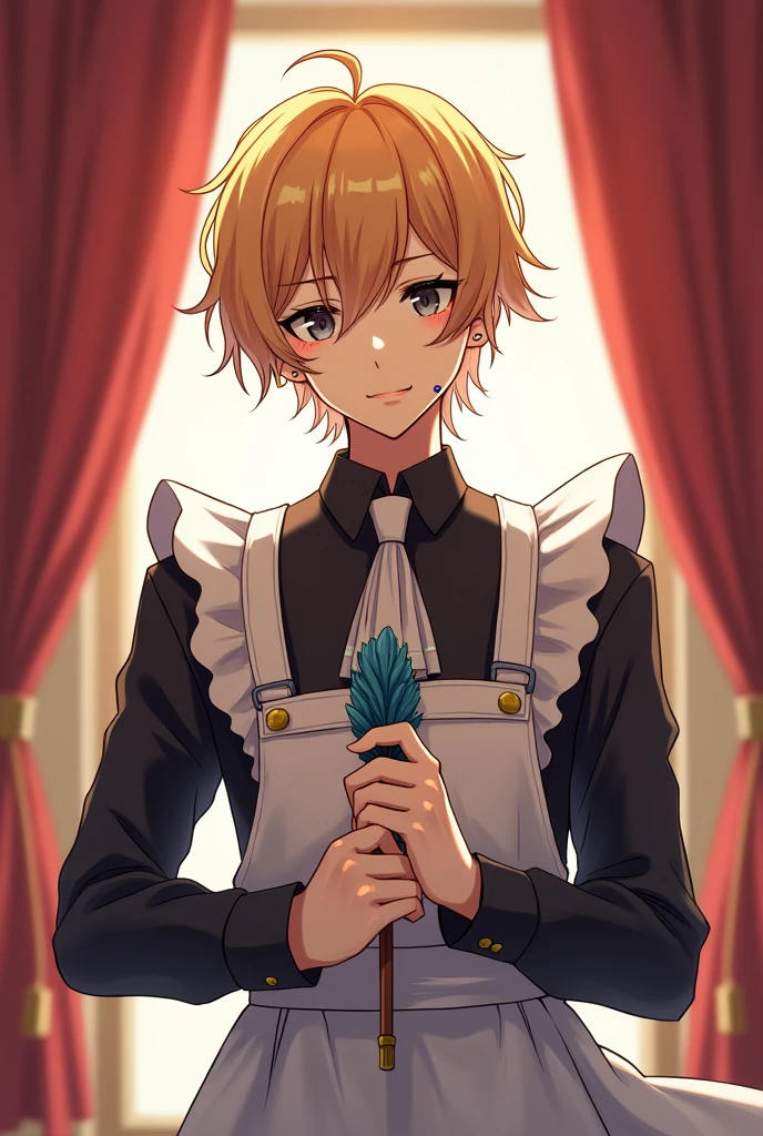 Man-maid is blond with black eyes with many ear piercings with small earrings in his hands a feather duster anime