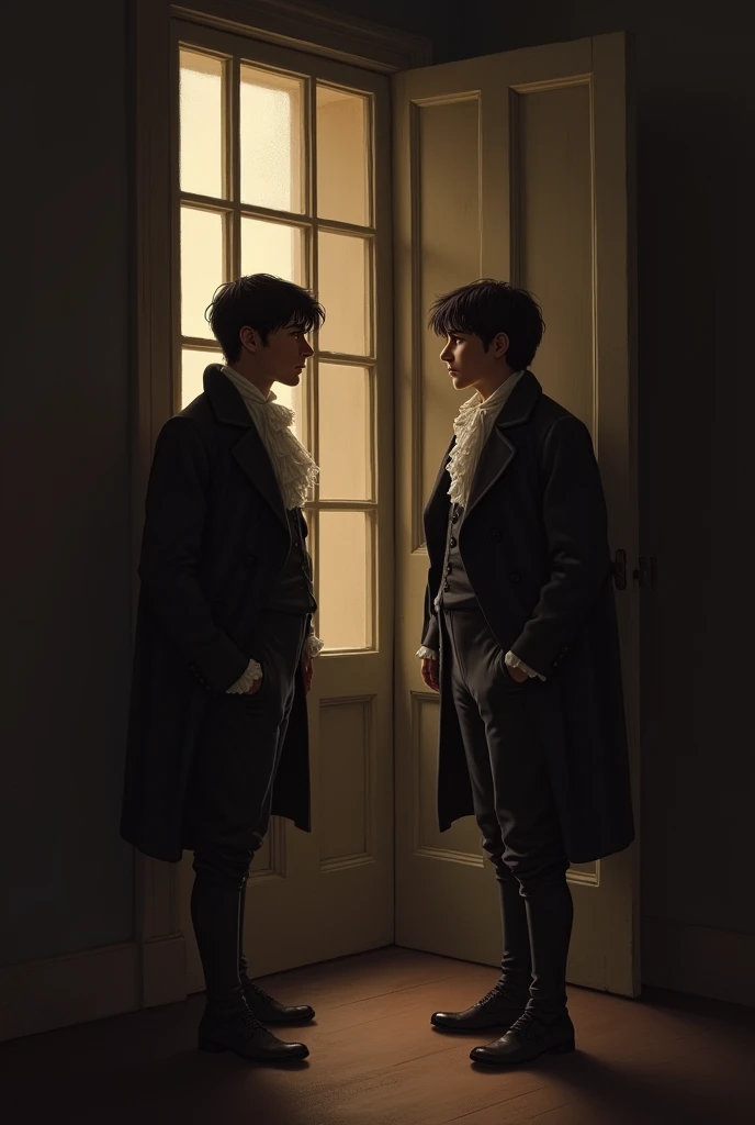 Two twin brothers with black hair and eyes, talking in a room, one next to the window and the other next to the door. Both dressed in 1824 in an informal and evening outfit