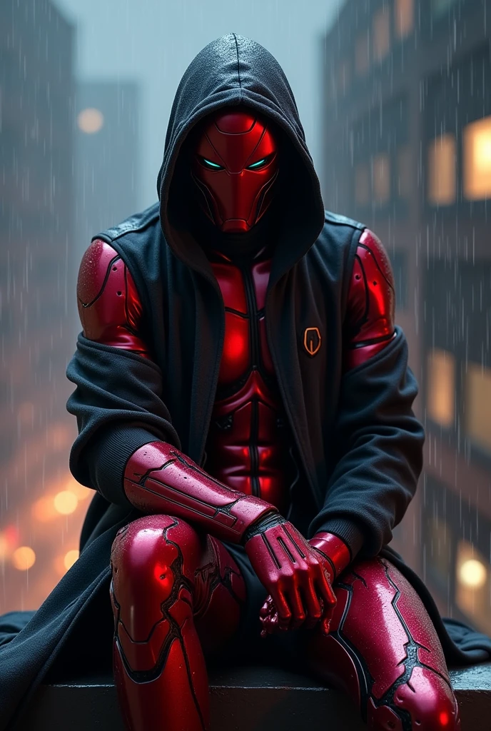 Make a ai superhero, metalic red, in the rain night light, sitting with cool attitude at top of building
, wear a black hoodie