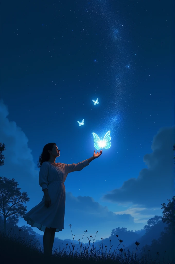 He pointig for butterfly 🦋 and Sky is Blue with stars and There is totally dark just A small shine from butterfly 🦋 and image is more attractive and enhanced and Totally Astounding