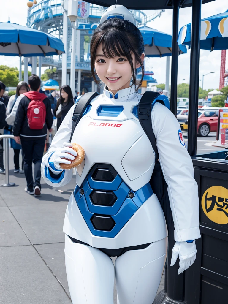 Japanese female android,Black Hair,White and blue robot suit,Plump,amusement park,Eating a donut while walking,smile