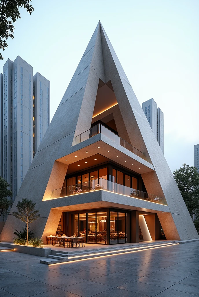 Simple and easily to draw modern pyramid Egyptian structure two story Restaurant exterior 