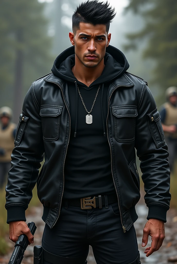 • Manly man
• Black hair
• Razor fade haircut
• Bright blue eyes
• Black leather hooded jacket
• Black shirt and clothing
• Buff lean or muscular
• no facial hair
• Teenager or Young Adult
• Holding a Military combat knife
• Silver Dog tag necklace
• Military