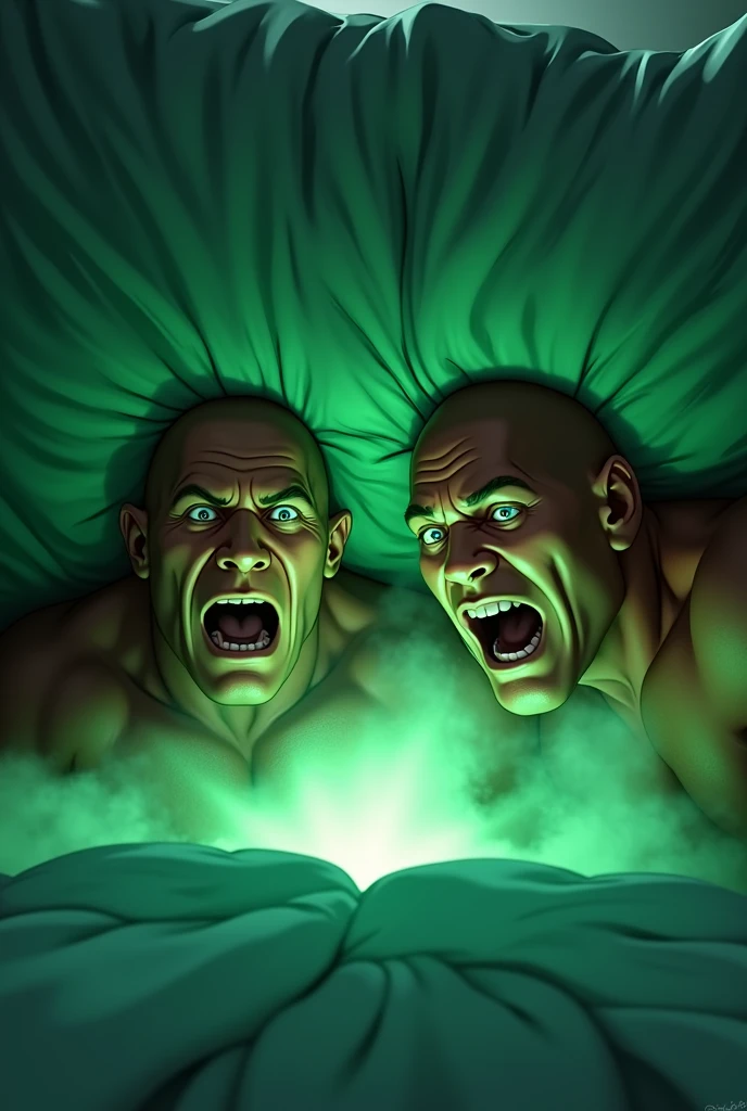 Dwayne Johnson and John Sena screaming face and both are hide under the bed 