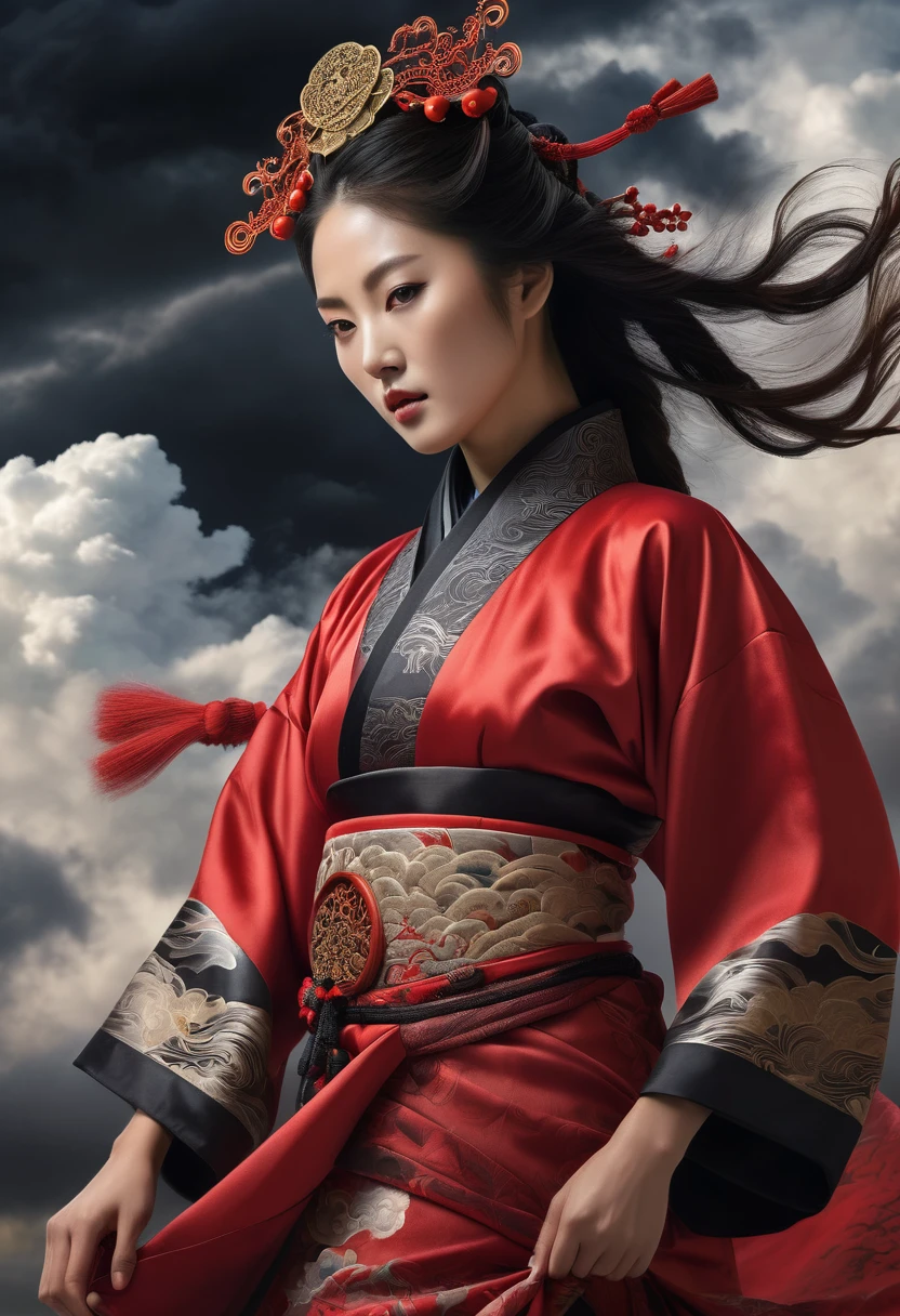 masterpiece, above, very realistic, very detailed, original photo, Create an image of a Korean woman in red and black elaborate ancient robes with intricate designs, standing against a dramatic sky with swirling black clouds. The character has an air of mystique and power, accentuated by the flowing robes and the dynamic movement of the clouds around them. The face is obscured to add to the enigmatic presence.