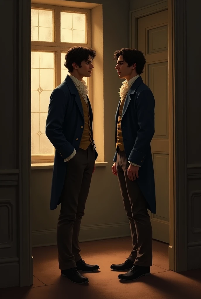 Two twin brothers with black hair and eyes, talking in a room, one next to the window and the other next to the door. Both dressed in 1824 in an informal and evening outfit