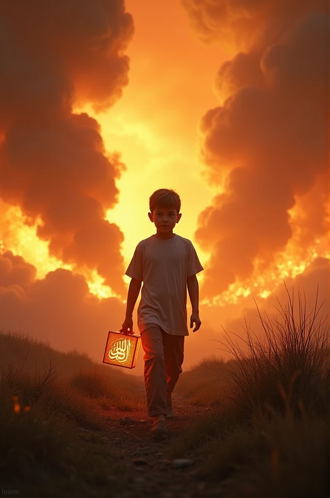 There was a boy, he was walking on the grass and the whole world was on fire behind him, he had the name of Allah in his hand