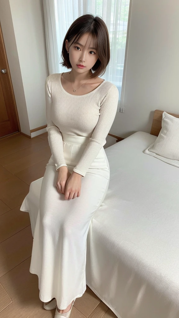 (masterpiece,Highest quality,Ultra-high resolution),Highly detailed CG, Perfect lighting、Bob Hair、Beautiful and well-proportioned face、(((Very beautiful 2 Japan woman))),White high waist pencil skirt,(((Long skirt in maxi length)))、Long-sleeved tops、sitting on the edge of the bed、Photo looking down from above