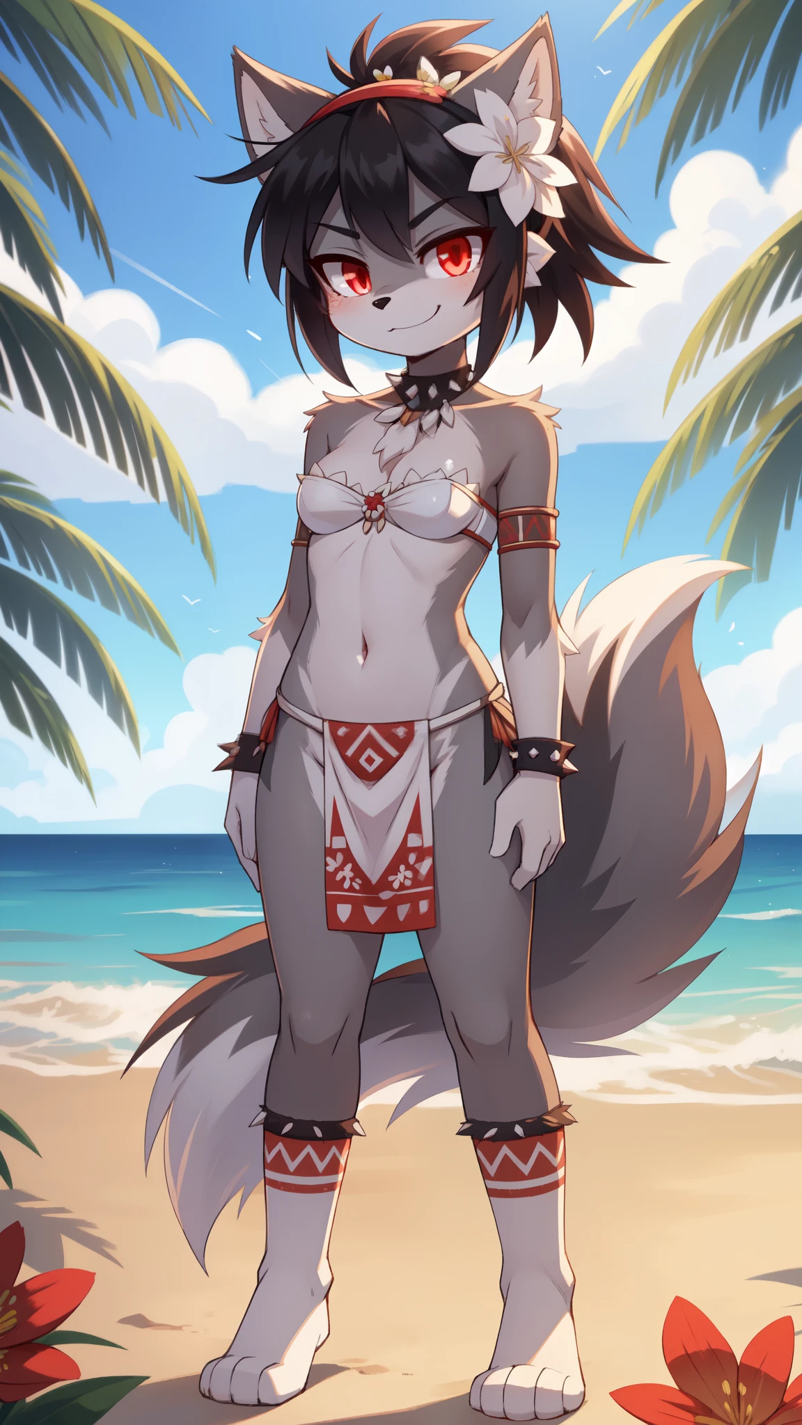 score_9,score_8_up,score_7_up, source_cartoon, source_furry, furry girl, wolf, black hair, punk hairstyle, huge long spiky ponytail, anime style, ((small breasts, flat chest)), red eyes, ((white strapless bra, white loincloth, tribal, jewerly, flower on hair)), high quality, detailed body, detailed eyes, detailed face, masterpiece, glistening body, detailed body fur, best quality, two tone body, gray fur, clear gray fur, perfect lighting, perfect shadows, perfect eyes, perfect hair, perfect face, gorgeous body, skinny, glowing red eyes, speed lines, motion blur, solo, smirk, beach, clear sky, full body, feets with three toes, standing, thick outline, anthropomorphic, countershading, hands on hips,