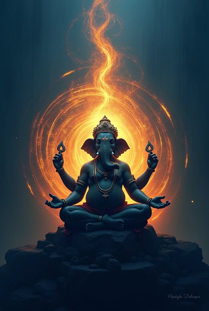 The image is a digital art piece that appears to be a representation of the Hindu deity Ganesha. The background is a dark blue color with intricate swirls and patterns that create a sense of movement and energy. In the center of the image, there is an elephant-like figure with a crown on its head. The figure is in a meditative pose, with its arms stretched out to the sides and its legs bent at the knees. The elephant is surrounded by a fiery orange and yellow aura, which gives the image a mystical and powerful feel. The overall effect is one of energy and power.