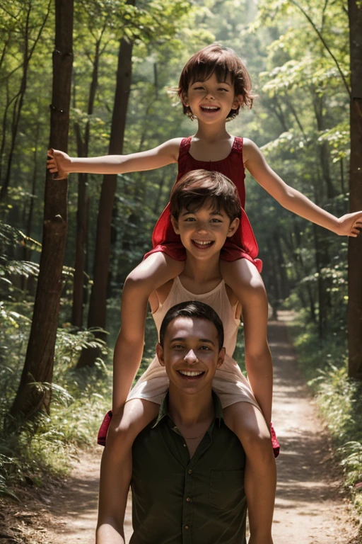 Very happy young skinny child, with short red hair, dressed in light summer-dress, ride on her dad's shoulders in a forest in the middle of the afternoon