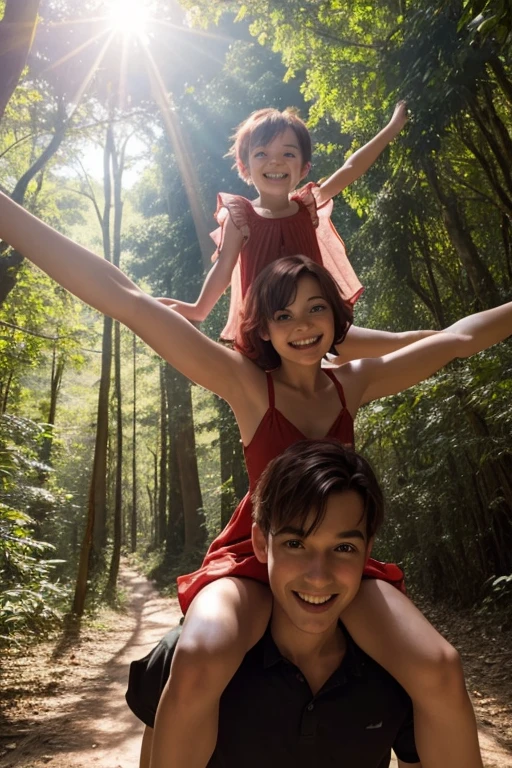 Very happy young skinny child, with short red hair, dressed in light summer-dress, ride on her dad's shoulders in a forest in the middle of the afternoon