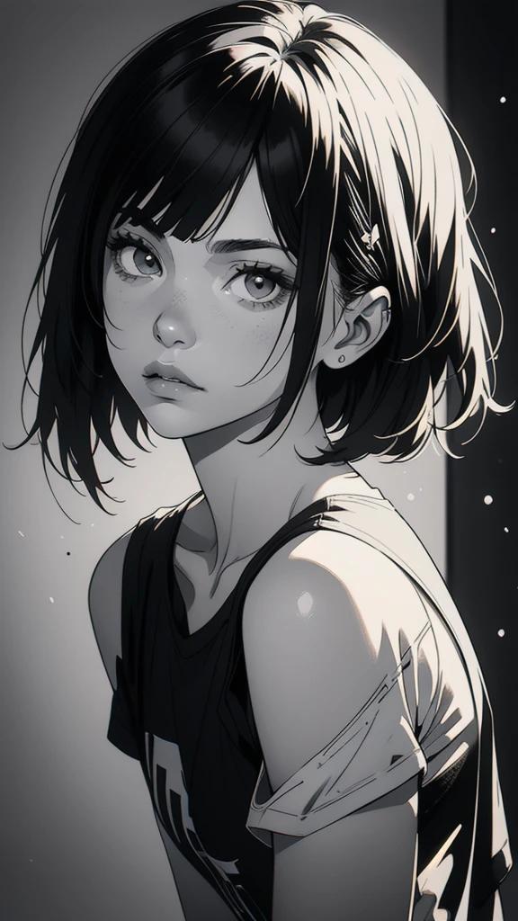 1 boyish girl, solo, sharp eyes, monochrome, greyscale, shoulder length black bangs hair, portrait, (blank white T-shirt), Thin eyebrows, closed mouth, looking at viewer, detailed lips, hatching \(texture\), without makeup, upper body, (best illustration), (best quality), (very detailed), (masterpiece), expressionless,