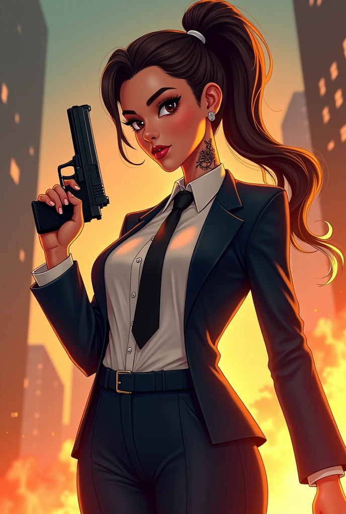 Une femme des Philippines. peau bronzée. coiffure queue de cheval. Couleur de cheveux dégradée du brun au blond avec les pointes blanches. arrogant. Un tagouage sur le cou. costard cravate. animé. frange. With a gun.