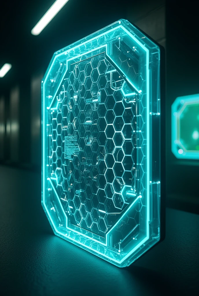 Imagine a transparent, Energy barriers surrounding future devices. The shield should be smooth, Hexagonal pattern with bright colors，Such as electric blue or neon green. Energy should appear powerful and impenetrable, With weak waves of energy rippling outward. The background can be a battlefield or a dark corridor, Highlight the protectiveness of the shield.