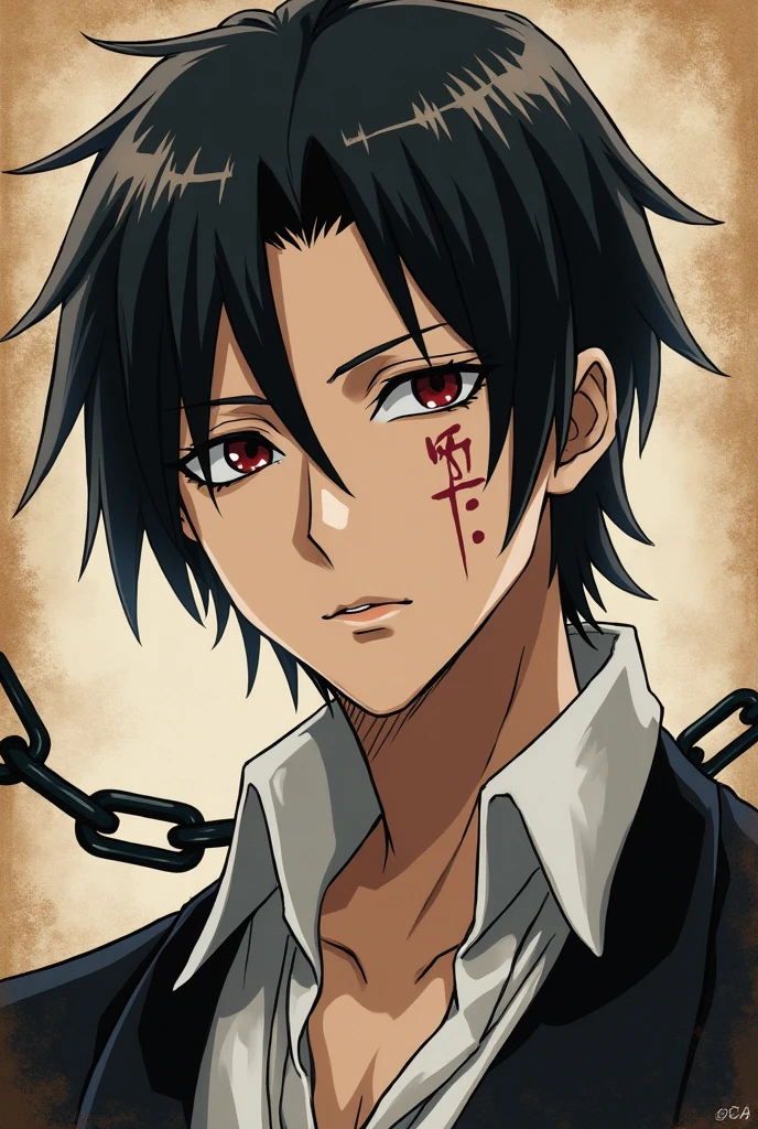Diploma in History (bleach) where you can see the face and some details regarding the chains so that it can be included in a passport photo. The character has a short, dark hair. The number 69 tattooed on the left side of the face, three scratches from top to bottom on the right side of the face and a kind of square collar tied to the neck